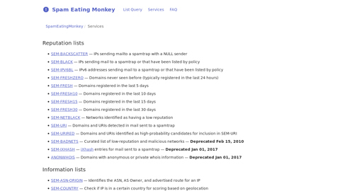 Screenshot of http://spameatingmonkey.com/lists.html#SEM-BLACK